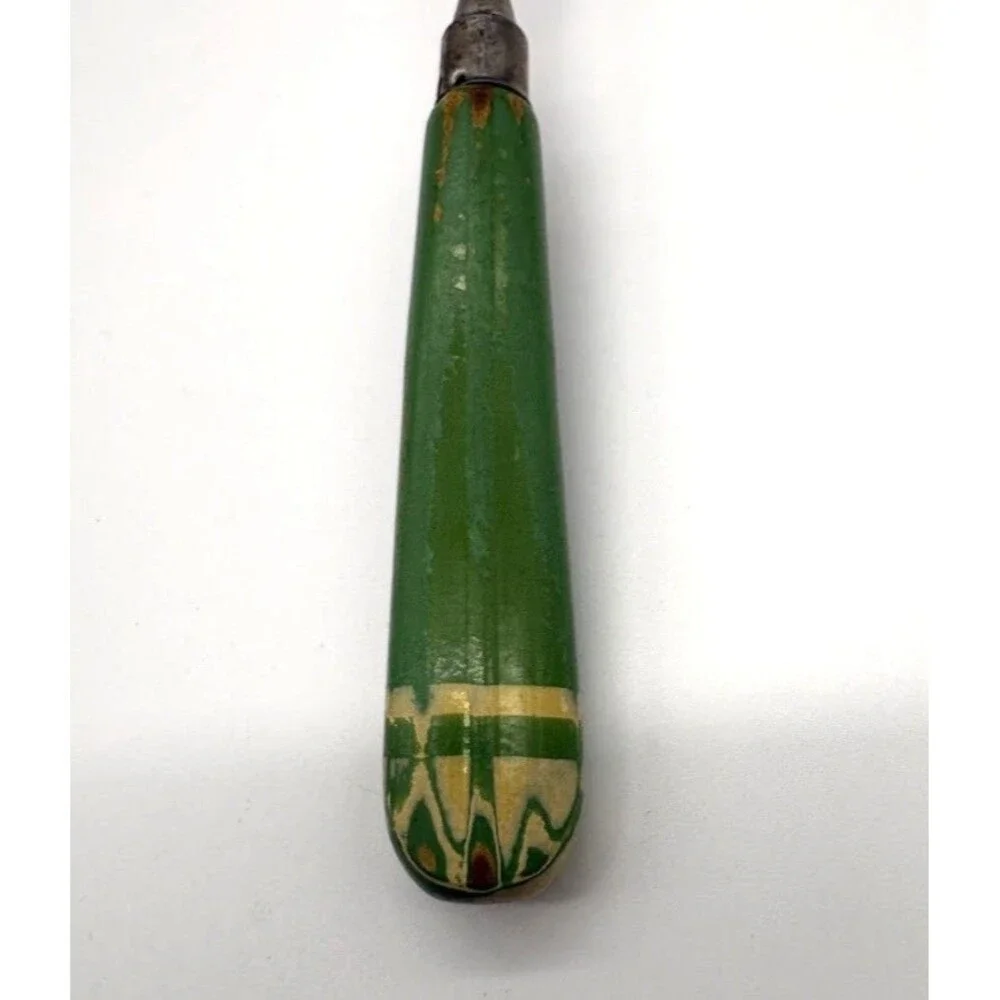 Vintage A&J Green Wood Handle Serving Spoon Primitive Kitchen Utensil 11.5